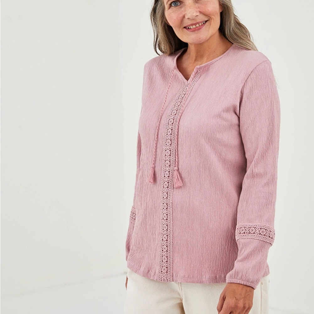LC Waikiki Pink Tie Neck Embroidered Long Sleeve Women's Blouse